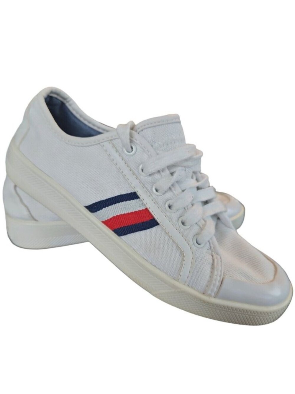 Tommy Hilfiger Women's 6M White Canvas Lace Up Sneakers Red & Blue Side Stripe